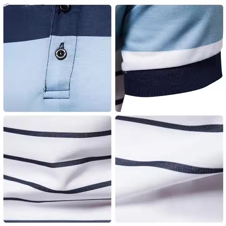 Customized Men’s Colorblock Stripe Polo Shirt – Navy, Sky Blue & White Gradient