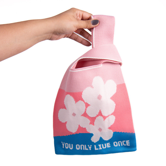 Personalized Pink Floral Knit Tote Bag