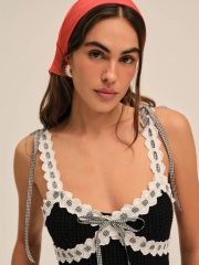 Factory Direct Retro-Inspired Crochet Knit Mini Dress with Scalloped Edges and Gingham Trim