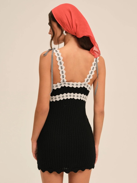 Factory Direct Retro-Inspired Crochet Knit Mini Dress with Scalloped Edges and Gingham Trim