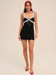 Factory Direct Retro-Inspired Crochet Knit Mini Dress with Scalloped Edges and Gingham Trim