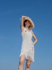 Customized Handcrafted Boho Crochet Fringe Dress with 3D Floral Accents – Ivory White