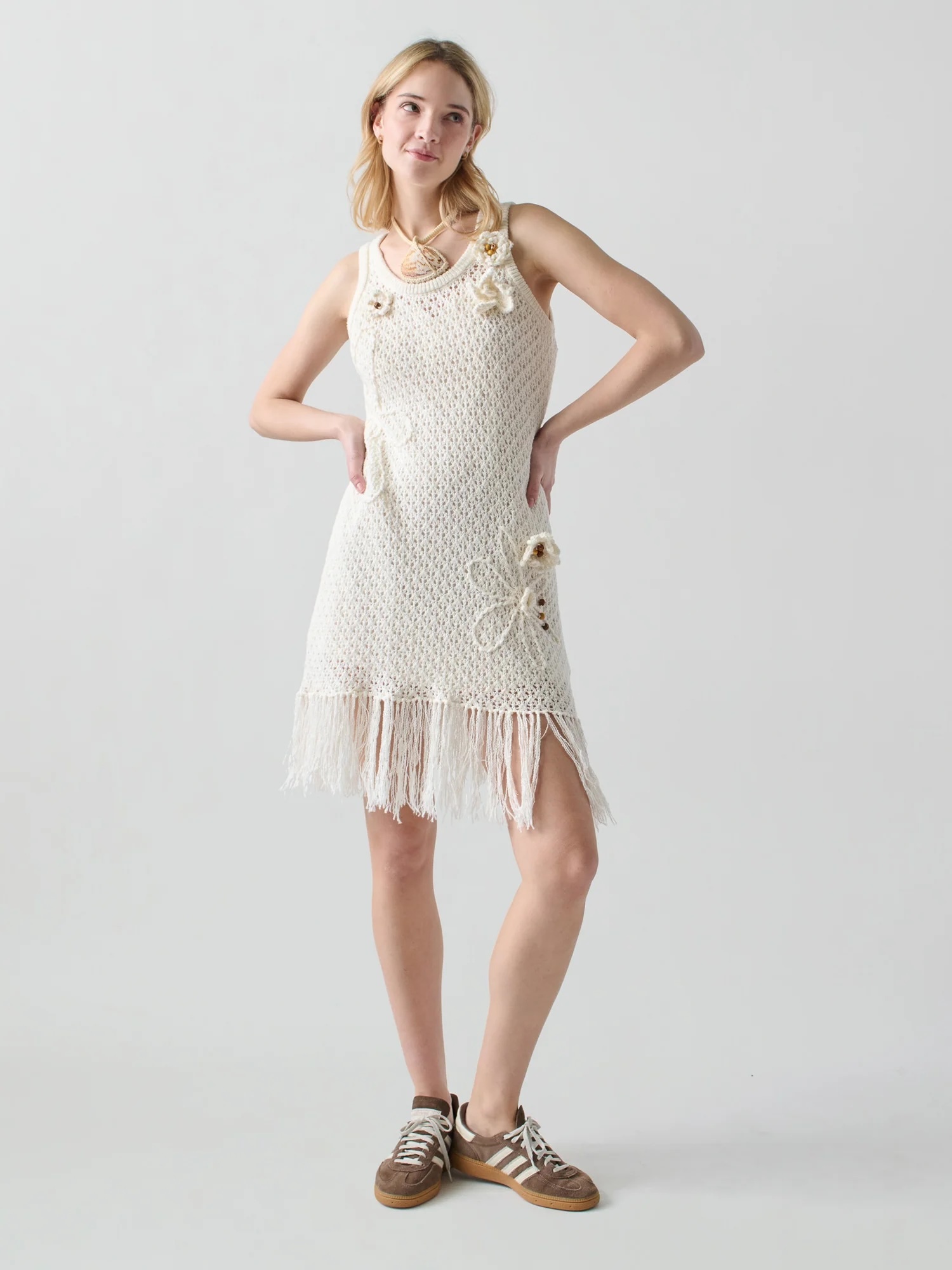 Customized Handcrafted Boho Crochet Fringe Dress with 3D Floral Accents – Ivory White