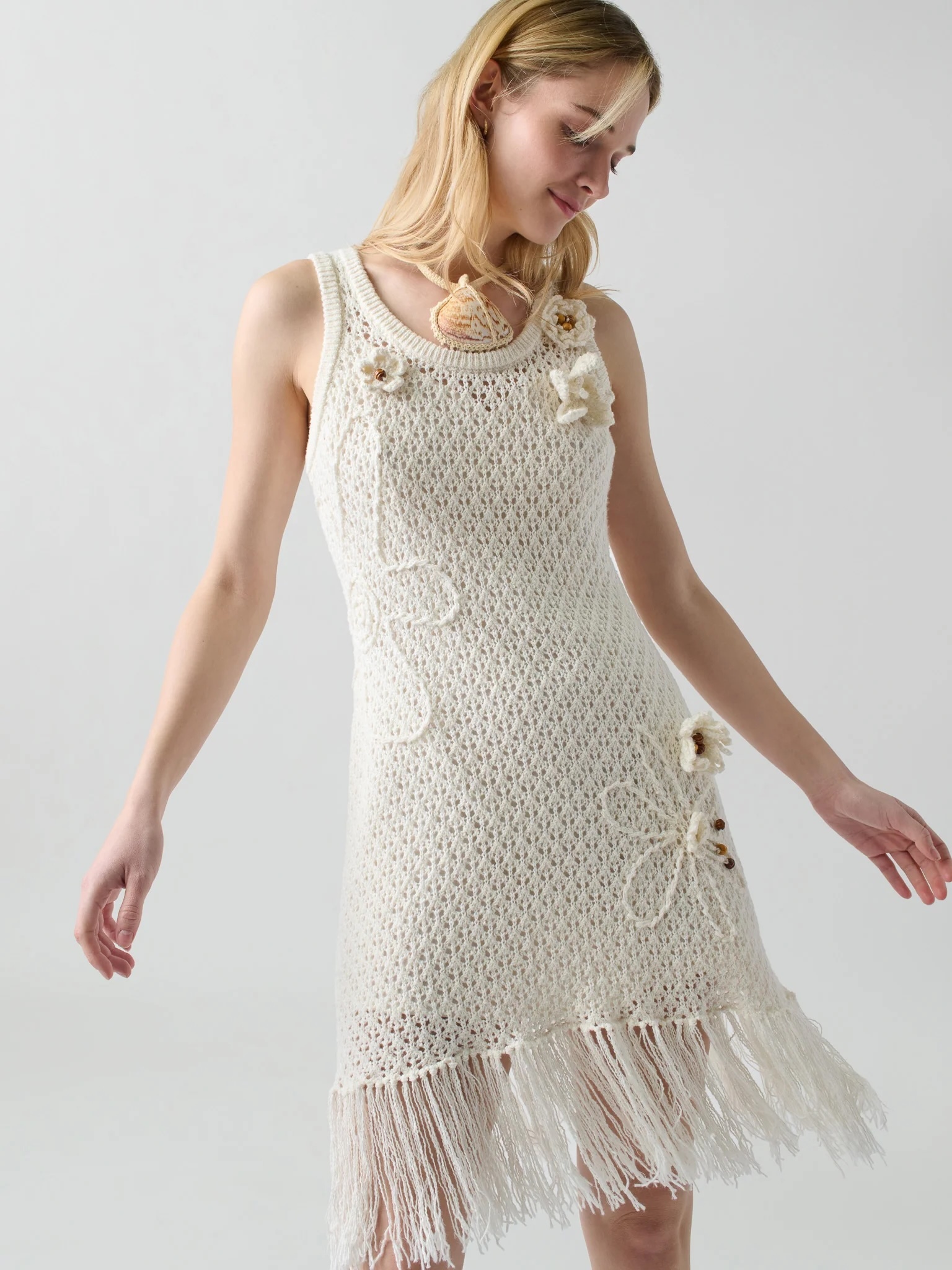 Customized Handcrafted Boho Crochet Fringe Dress with 3D Floral Accents – Ivory White