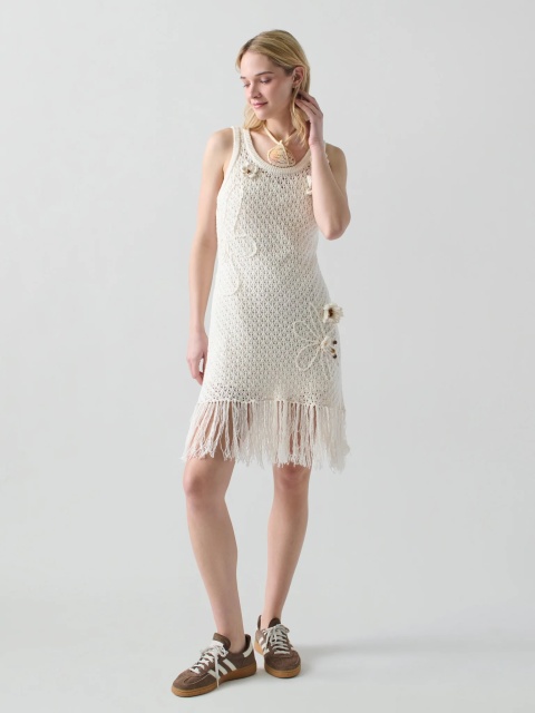Customized Handcrafted Boho Crochet Fringe Dress with 3D Floral Accents – Ivory White