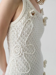 Customized Handcrafted Boho Crochet Fringe Dress with 3D Floral Accents – Ivory White