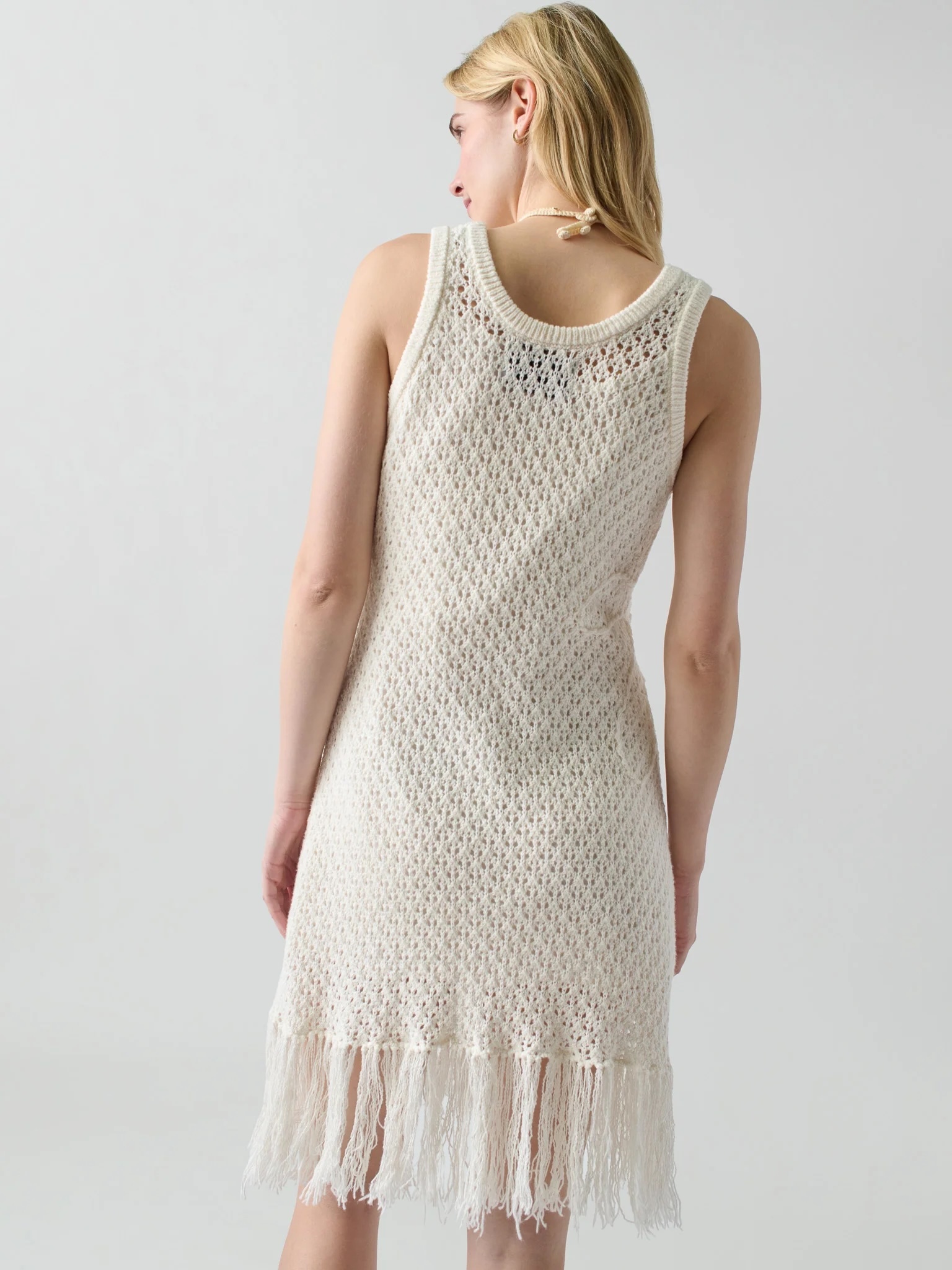 Customized Handcrafted Boho Crochet Fringe Dress with 3D Floral Accents – Ivory White