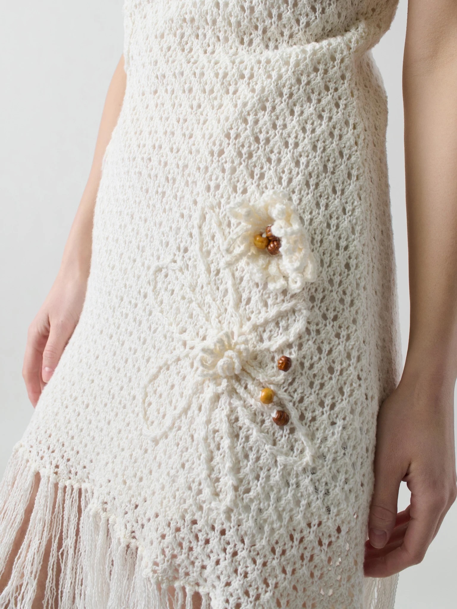 Customized Handcrafted Boho Crochet Fringe Dress with 3D Floral Accents – Ivory White