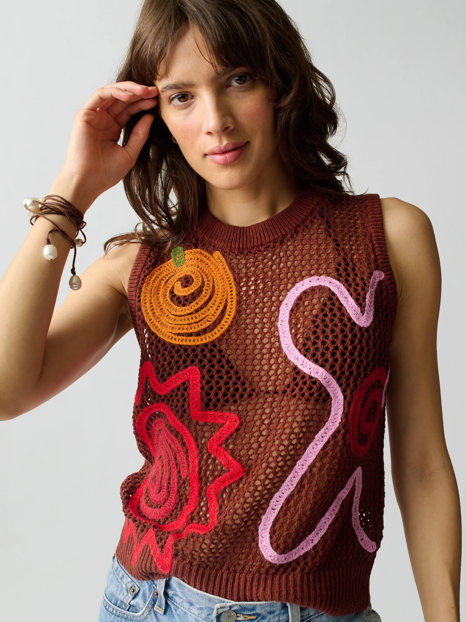 OEM ODM Boho Mesh Knit Tank Top with Abstract Crochet Appliqué – Rust Brown
