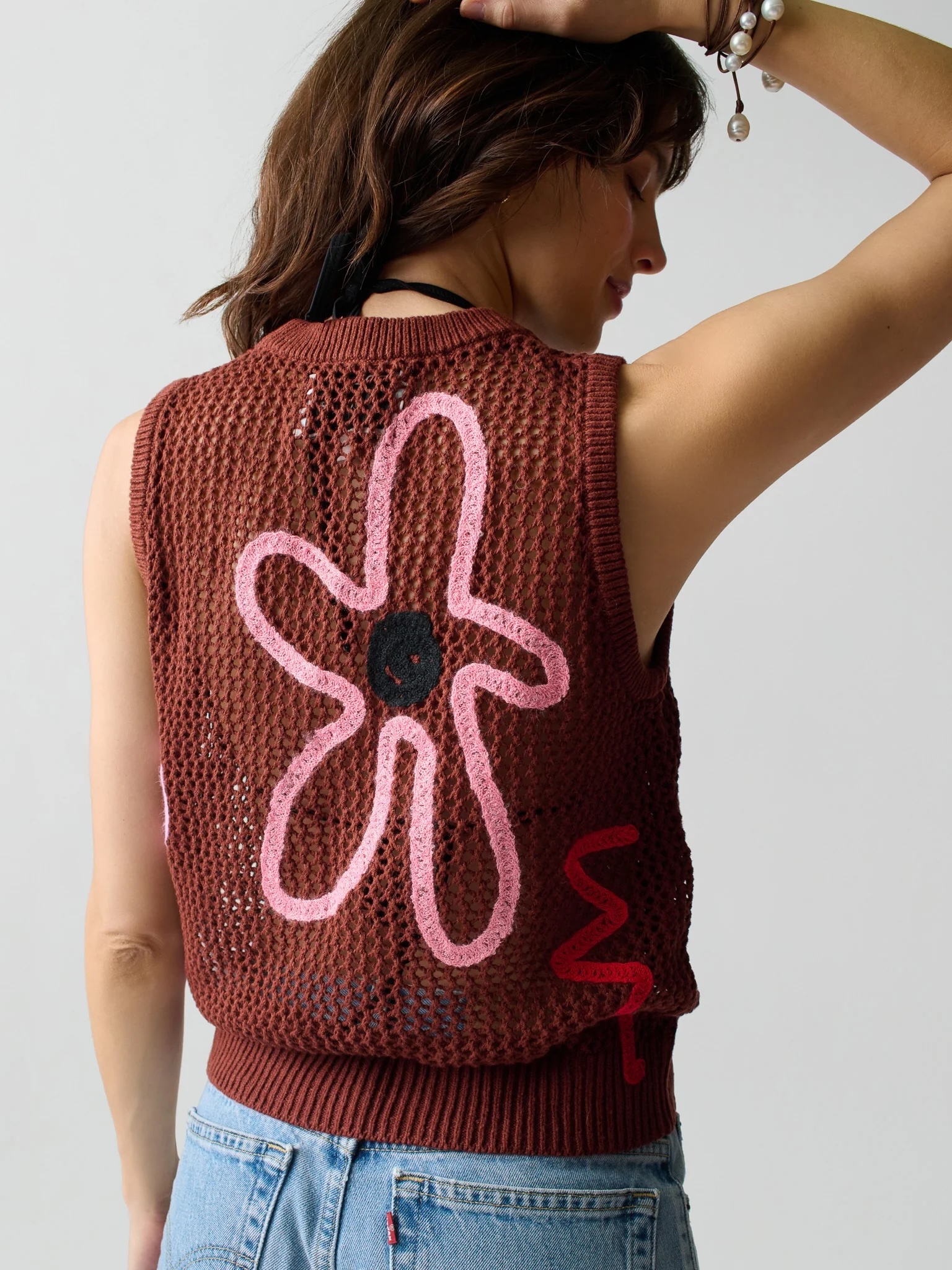 OEM ODM Boho Mesh Knit Tank Top with Abstract Crochet Appliqué – Rust Brown