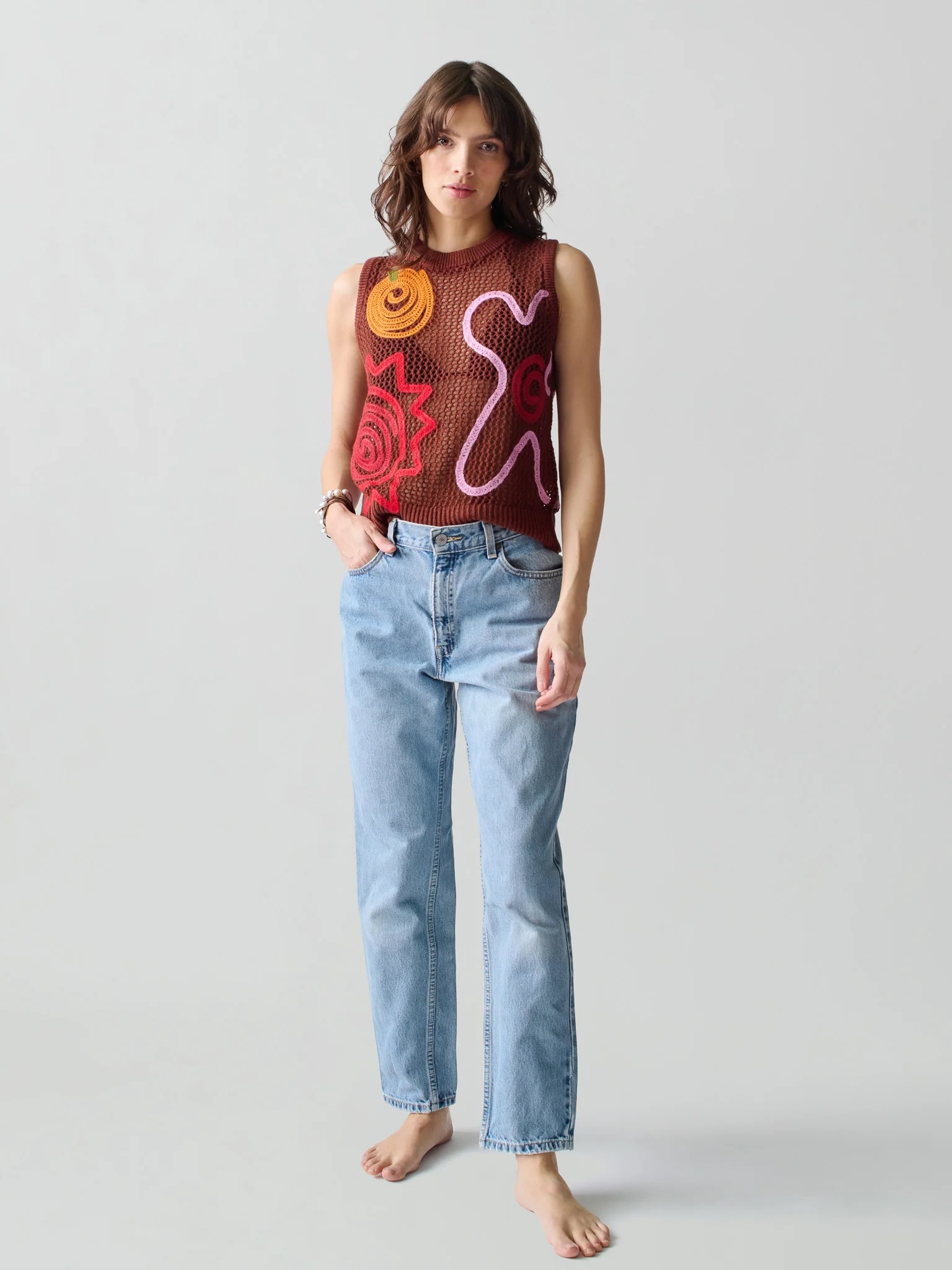 OEM ODM Boho Mesh Knit Tank Top with Abstract Crochet Appliqué – Rust Brown