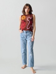 OEM ODM Boho Mesh Knit Tank Top with Abstract Crochet Appliqué – Rust Brown