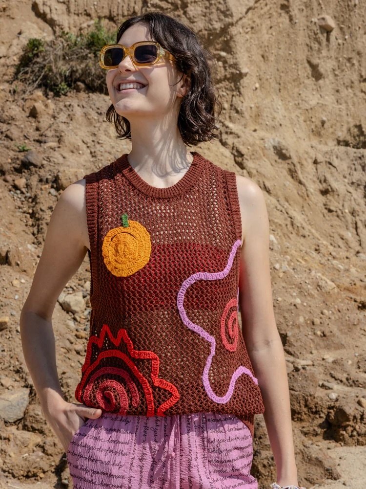 OEM ODM Boho Mesh Knit Tank Top with Abstract Crochet Appliqué – Rust Brown