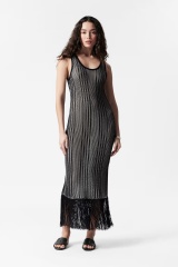 Customized Women's Metallic Knit Fringe Hem Maxi Dress