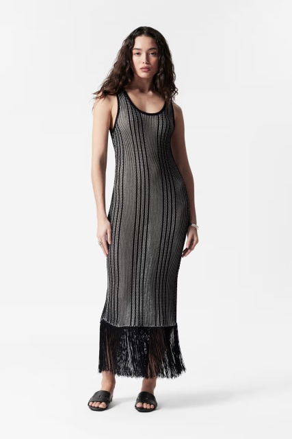 Customized Women's Metallic Knit Fringe Hem Maxi Dress