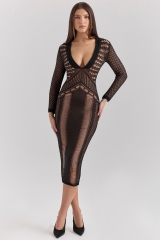 Factory Direct Black Sheer Knit Bodycon Midi Dress