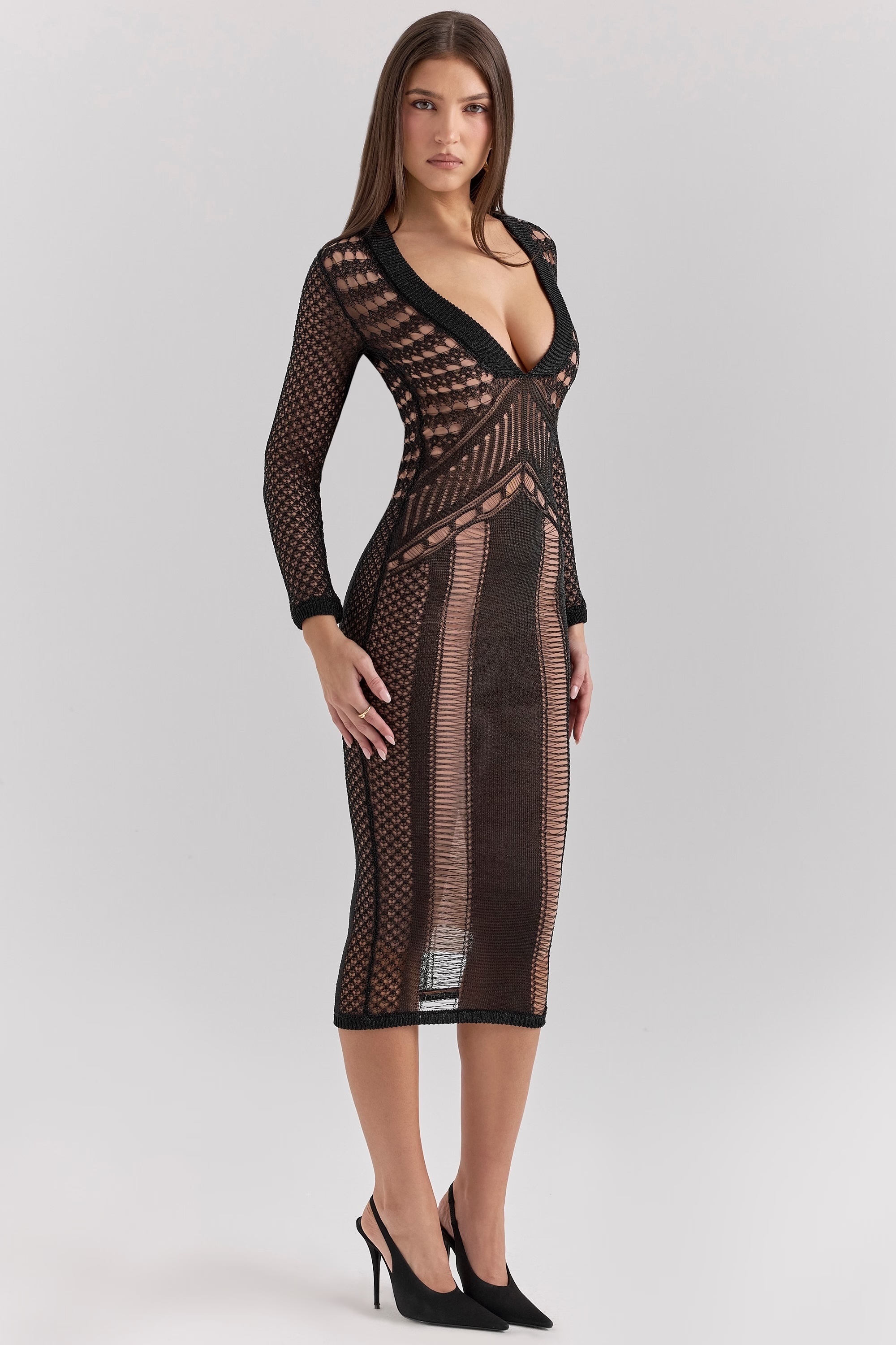 Factory Direct Black Sheer Knit Bodycon Midi Dress