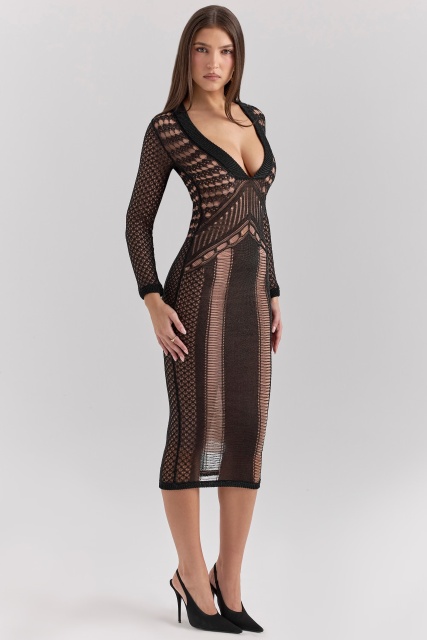 Factory Direct Black Sheer Knit Bodycon Midi Dress