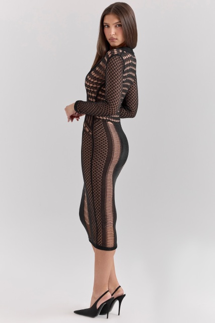 Factory Direct Black Sheer Knit Bodycon Midi Dress