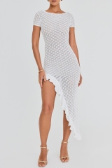 Custom Design  White Asymmetrical Ruffle-Hem knit Midi Dress
