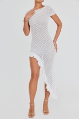 Custom Design  White Asymmetrical Ruffle-Hem knit Midi Dress