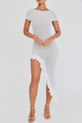Custom Design  White Asymmetrical Ruffle-Hem knit Midi Dress