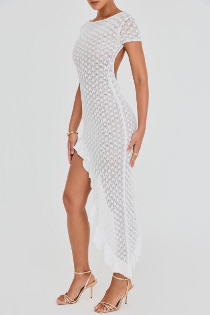 Custom Design  White Asymmetrical Ruffle-Hem knit Midi Dress