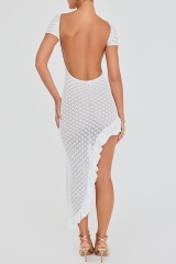 Custom Design  White Asymmetrical Ruffle-Hem knit Midi Dress