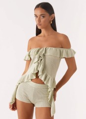 Customized  Off-Shoulder Ruffle Knit Crop Top & Shorts Set