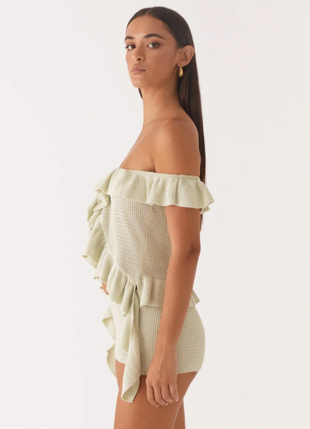 Customized  Off-Shoulder Ruffle Knit Crop Top & Shorts Set