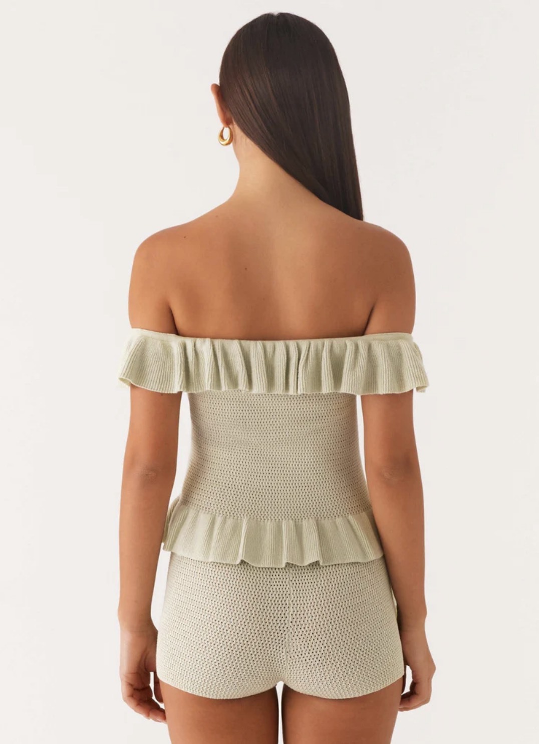 Customized  Off-Shoulder Ruffle Knit Crop Top & Shorts Set