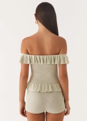 Customized  Off-Shoulder Ruffle Knit Crop Top & Shorts Set