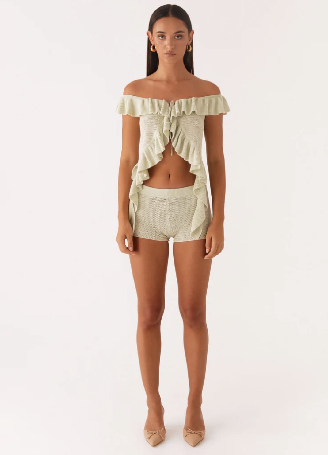 Customized  Off-Shoulder Ruffle Knit Crop Top & Shorts Set