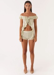 Customized  Off-Shoulder Ruffle Knit Crop Top & Shorts Set