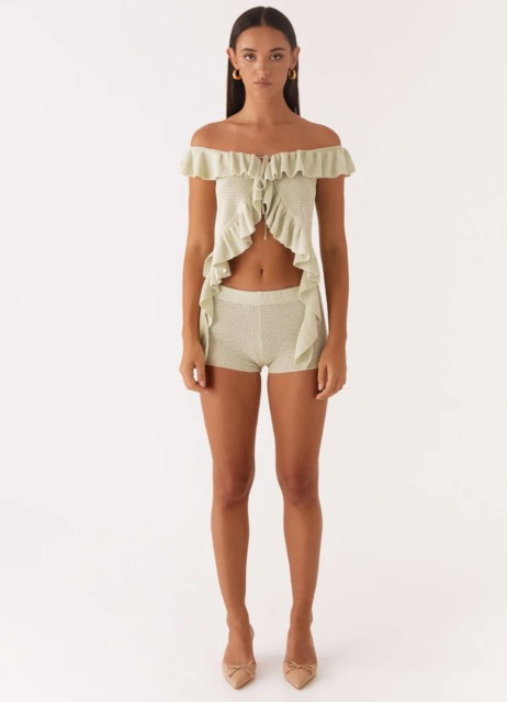 Customized  Off-Shoulder Ruffle Knit Crop Top & Shorts Set