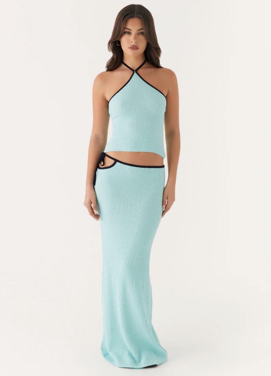 Factory Direct Aqua Textured Knit Halter Top & Midi Skirt Set
