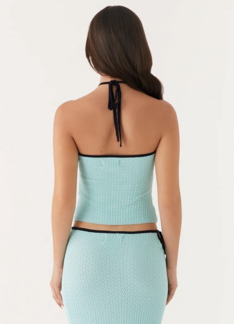 Factory Direct Aqua Textured Knit Halter Top & Midi Skirt Set