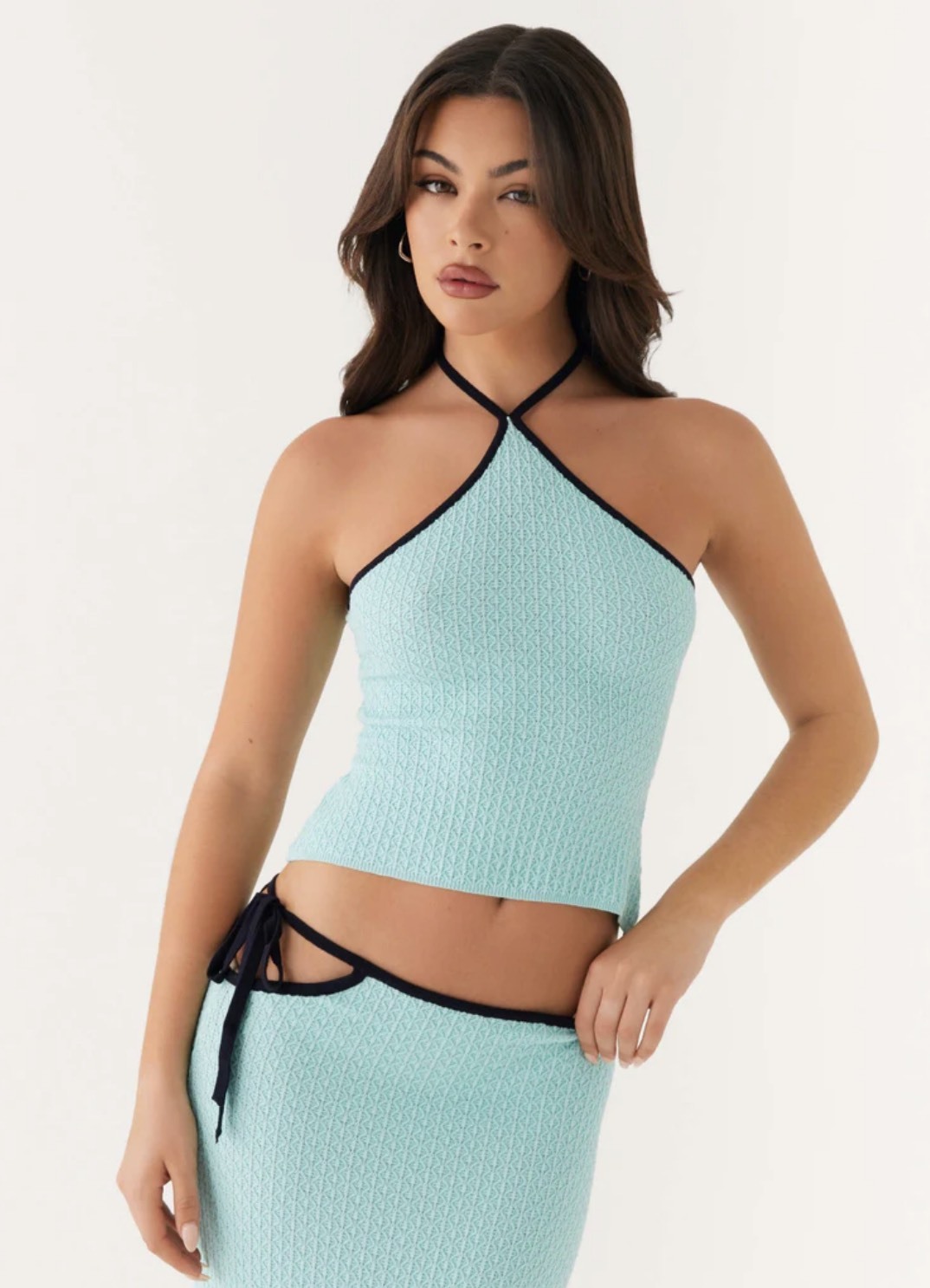 Factory Direct Aqua Textured Knit Halter Top & Midi Skirt Set