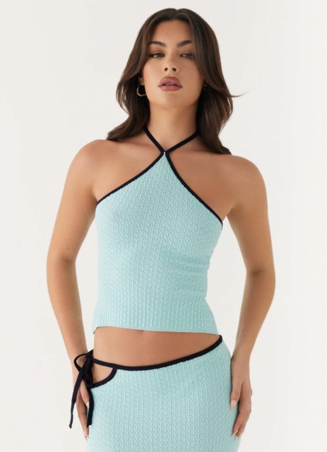 Factory Direct Aqua Textured Knit Halter Top & Midi Skirt Set