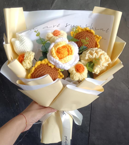 Handmade Crocheted Sunflower & Rose Bouquet