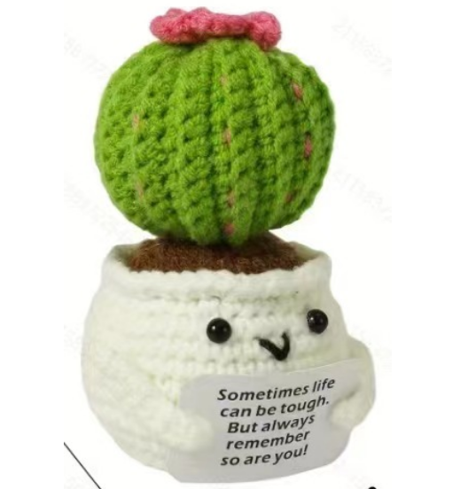 Handmade Crocheted Cactus Plant with Motivational Message