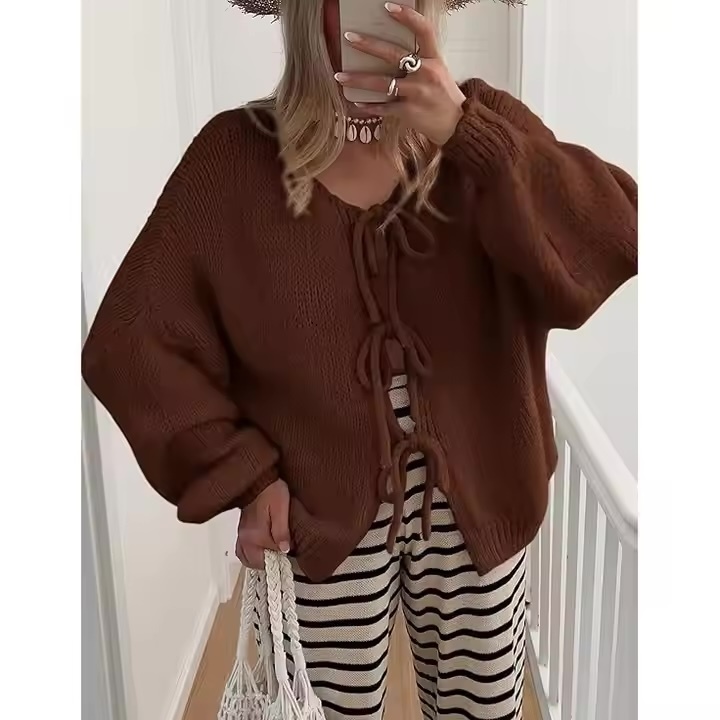 Factory direct-Bohemian Lace-Up Brown Knitted Sweater