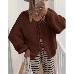 Factory direct-Bohemian Lace-Up Brown Knitted Sweater