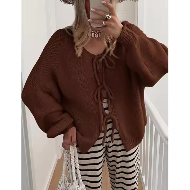 Factory direct-Bohemian Lace-Up Brown Knitted Sweater