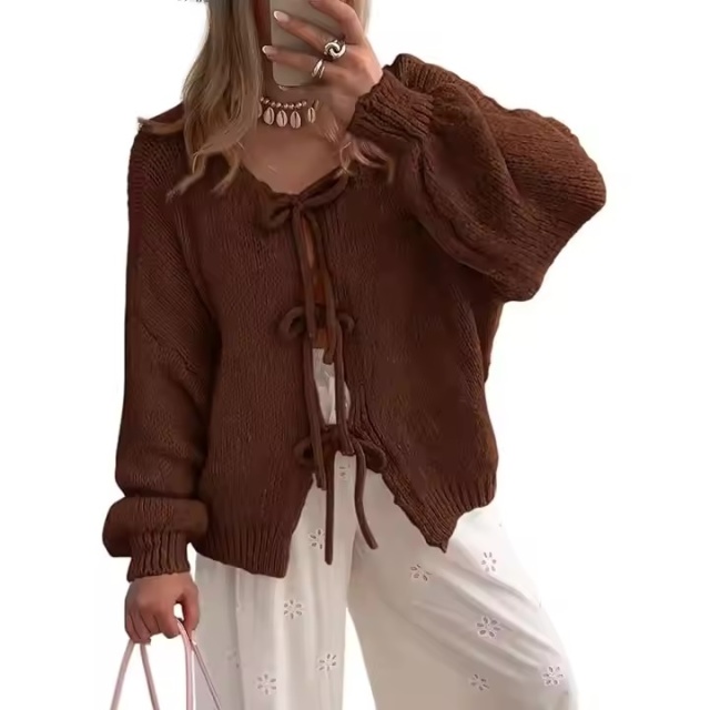 Factory direct-Bohemian Lace-Up Brown Knitted Sweater
