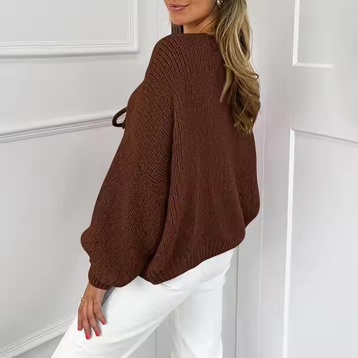 Factory direct-Bohemian Lace-Up Brown Knitted Sweater