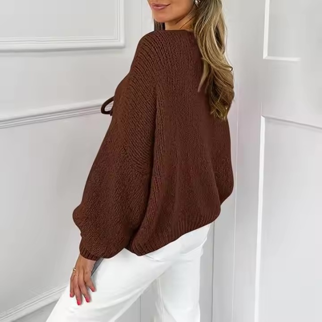 Factory direct-Bohemian Lace-Up Brown Knitted Sweater