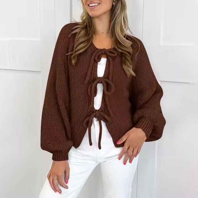 Factory direct-Bohemian Lace-Up Brown Knitted Sweater