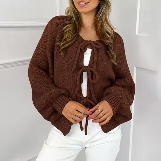 Factory direct-Bohemian Lace-Up Brown Knitted Sweater