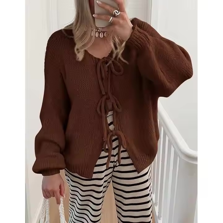 Factory direct-Bohemian Lace-Up Brown Knitted Sweater